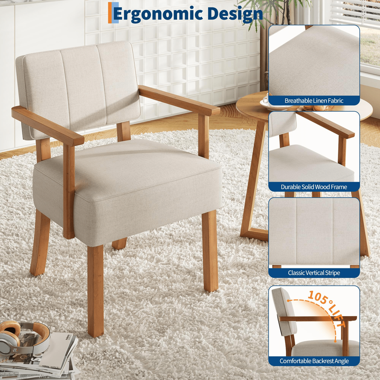 Patio Dining Set, Outdoor Chairs Set Garvee Mid-Century Accent Chair Set of 2 with Wood Frame, Linen Fabric Lounge Arm Chair with Classic Vertical Stripe Reading Leisure Chair for Living Room, Bedroom, Balcony, Beige