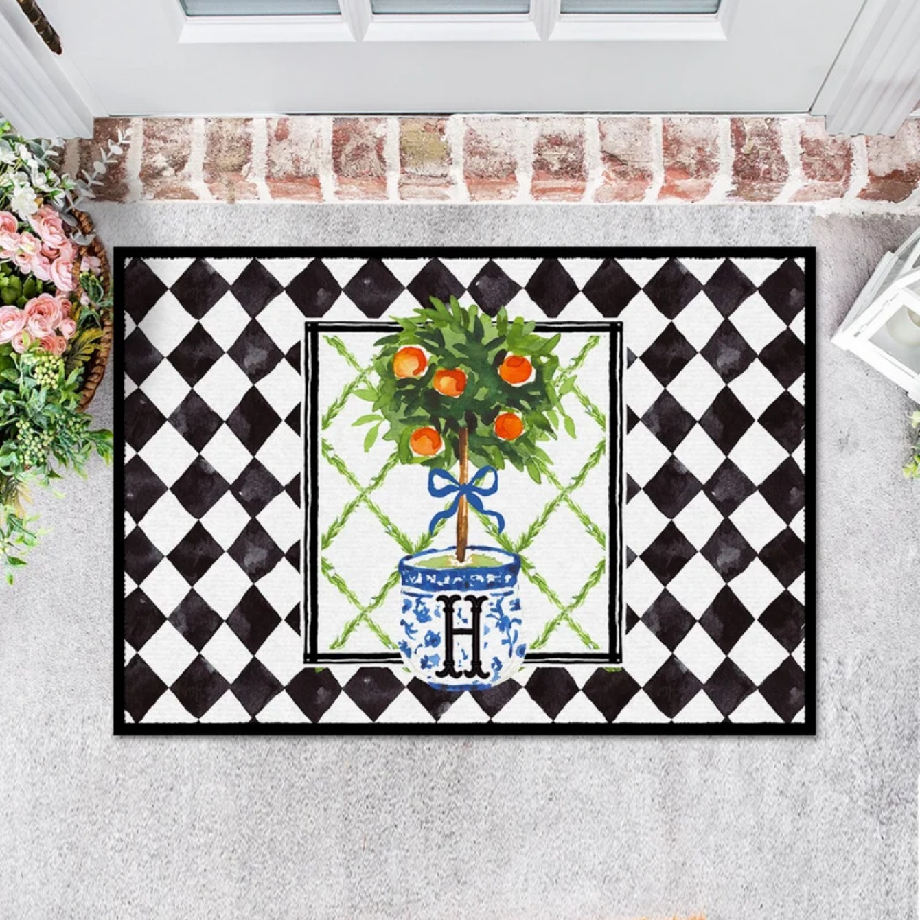 

Door Mat, Outdoor Or Indoor Mat, Floor & Entry Mat, Large Doormat, Chinoiserie, Preppy, Green Topiary,