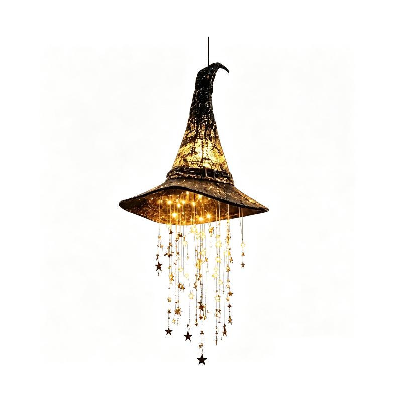 TEMU Hanging Witch Hat Chime Light, Ipx5 Lighted Floating Halloween Decorations With Star-tipped Tassel For Indoor Parties