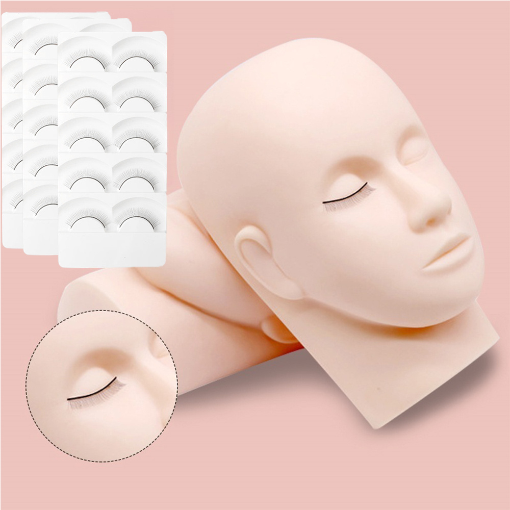 Eyelash Extension Practice Kit With Mannequin Head & 3 False Lashes Boxes - Lash Training Set For Beginners, Diy Eyelash Tools