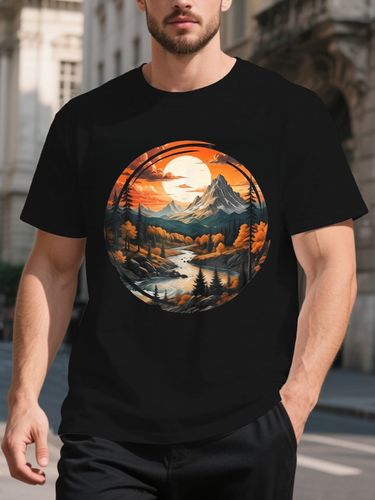 Camiseta de hombre con diseño de paisaje de montaña otoñal con río y atardecer, inspirada en la naturaleza, ideal para amantes de la naturaleza y los que buscan aventura. Regalo perfecto para la temporada de otoño.