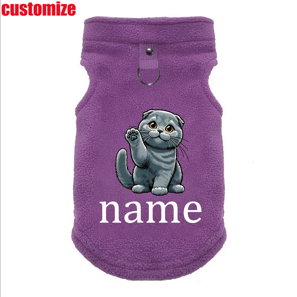 TEMU [ ] Customizable Pet Clothing, Printed Waving Soft Cute Blue Folded Ear Cat Pattern, And Adorable Style, With D-ring Apparel, Comfortable