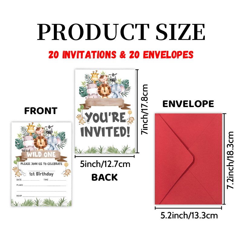 TEMU Upgraded Thick Paper, High-quality Printing. Invitation Letters With 20 Cards And 20 Envelopes Featuring Adorable Jungle Animals For Milestone