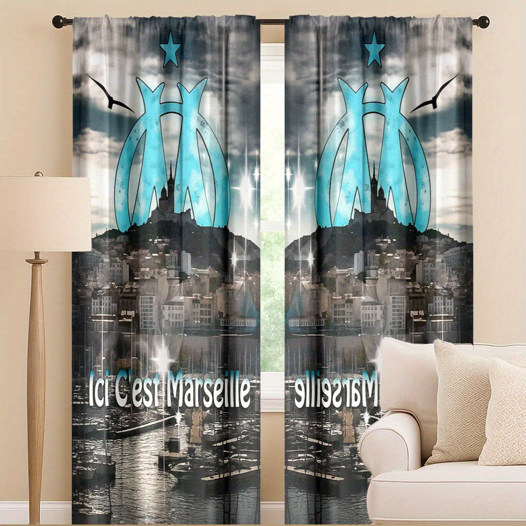 TEMU Rideaux Occultants 2D Plats, 2 pièces - Paysage de , Polyester Lavable, Style Art Déco, Design à Passant, Traitements de Fenêtre Toutes pour