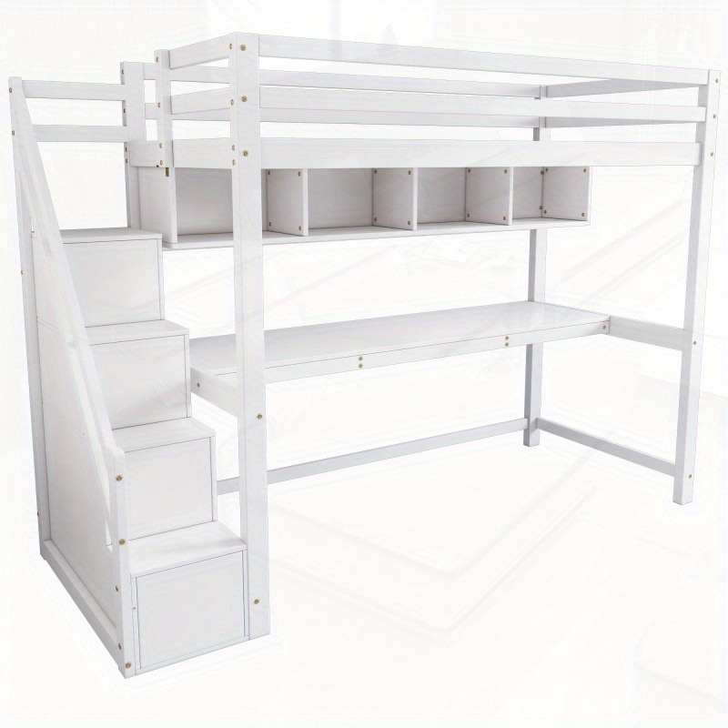 Wooden Bunk Bed 90190cm Loft Bed with Storage Stairs Made of Pine Wood Bed with Large Desk and Sheets with Slatted Frame White