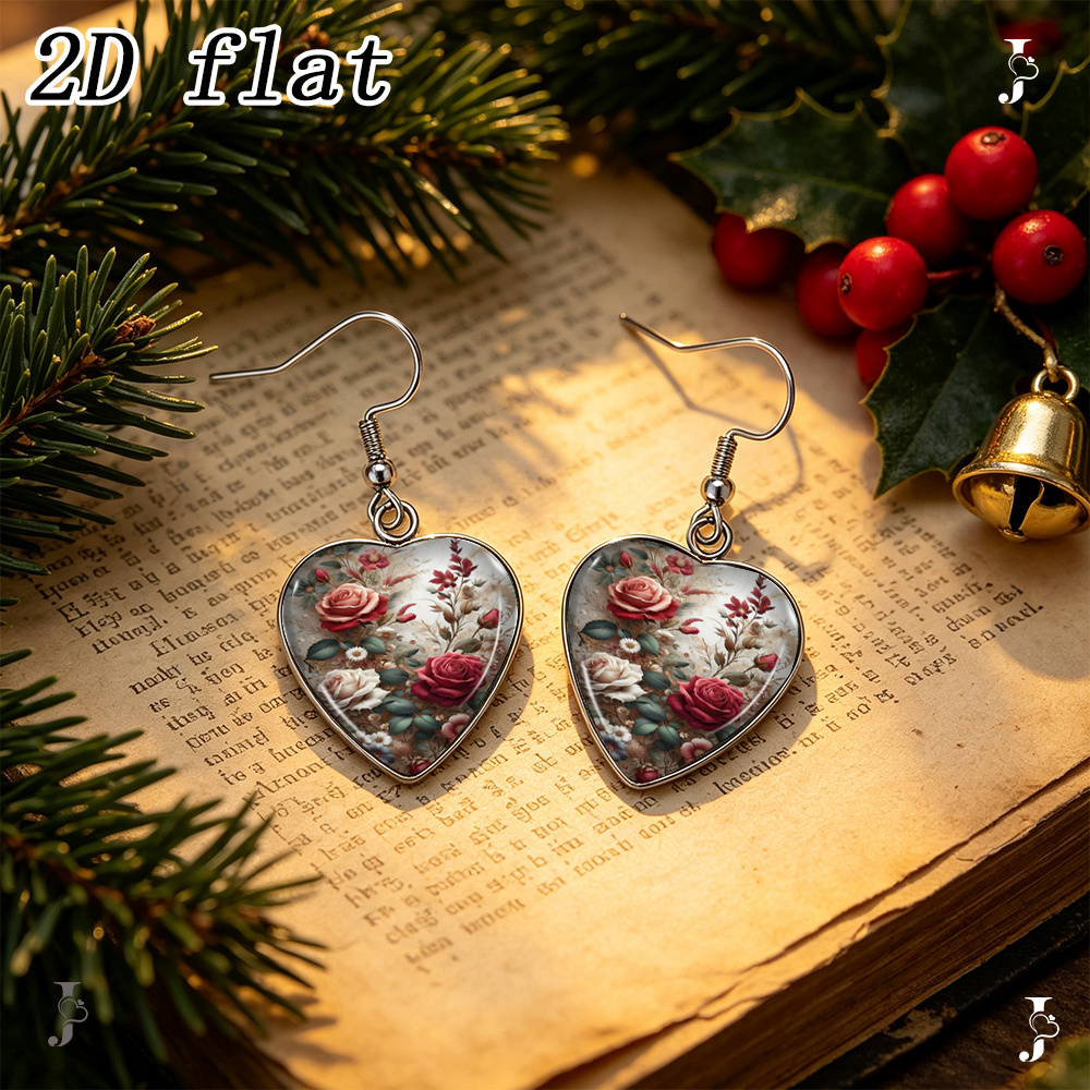 Vintage Red Rose Floral Pattern Heart Earrings, Handmade Glass