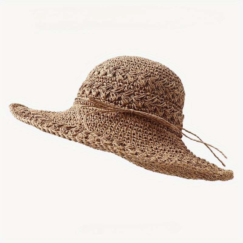 Summer Women's Wide Brim Straw Hat, French Hat, Bow Decor Pierced Dome Wide Brim Straw Hat, Lightweight And Foldable, Essential For Summer Daily Wear, Outdoor Travel, And Beach Vacation