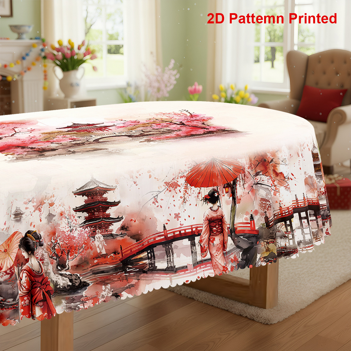 TEMU 1 pièce, Nappe de fête à thème style japonais, Motif imprimé floral printanier- avec , geisha et , Nappe rectangulaire/ronde/ovale, Bord ,