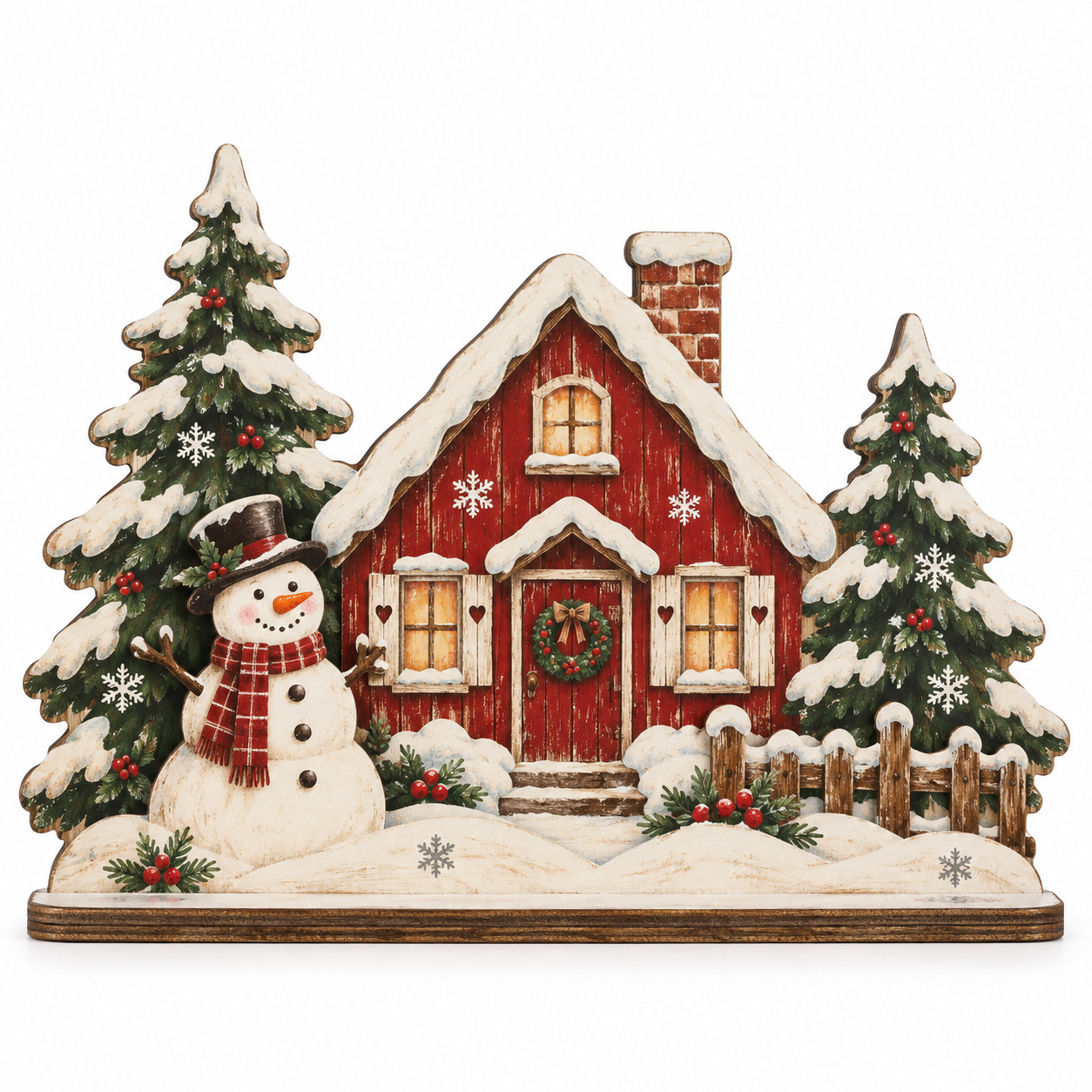 TEMU Décorations d'Halloween 2D Plates en Bois Maison Rouge de Noël de Neige Ornements de Bureau Style Ferme Rétro Maison de Neige Sapin Décorations