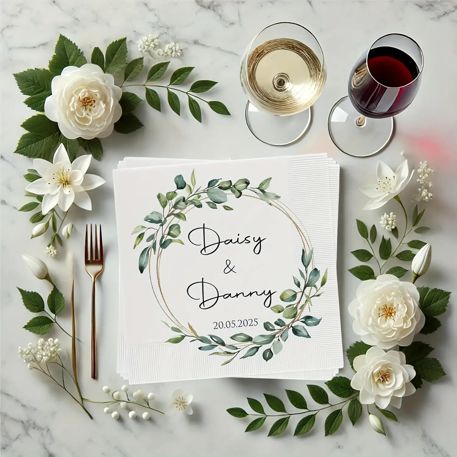 TEMU Personalized Napkins Custom Names & Dates - Elegant Green Leaf Design Suitable S, Anniversaries, Showers, , New Year, Graduation Table Decor -