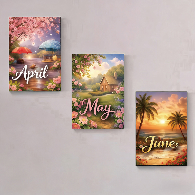 TEMU 3 Sets Diamond Painting April Seasonal Scenery Triptych Full Diamond Canvas, Aesthetic Illustration Style, April Romantic Flower Landscape,