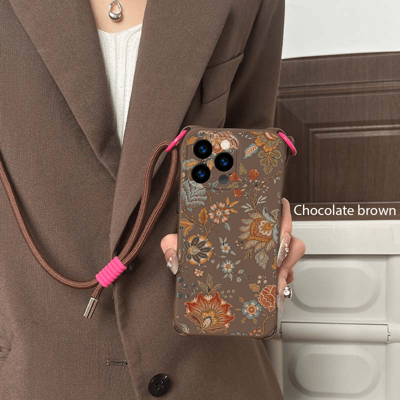 TEMU Phone Case: Fashionable And Creative Four-corner Cutout Drop-proof Phone Case With Lanyard, Featuring A Colorful Floral Pattern. Suitable For