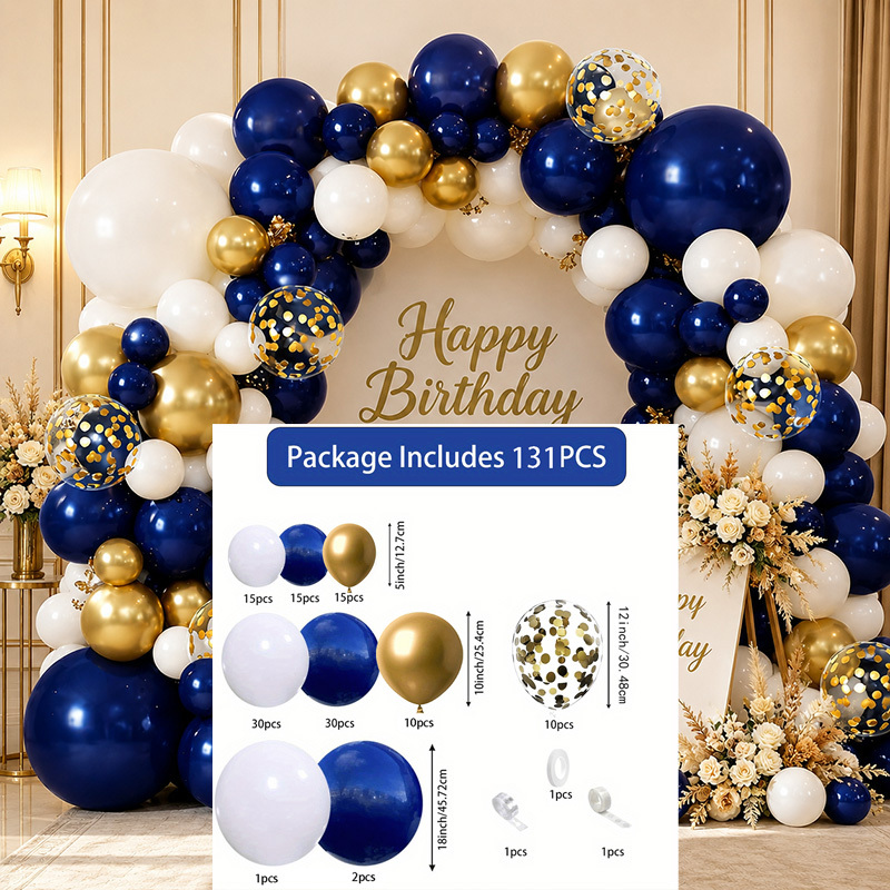 TEMU Kit de guirlande de ballons 131 pièces bleu marine, blanc et doré métallisé, ballons en latex à dorés, pour anniversaire, mariage, de diplôme,