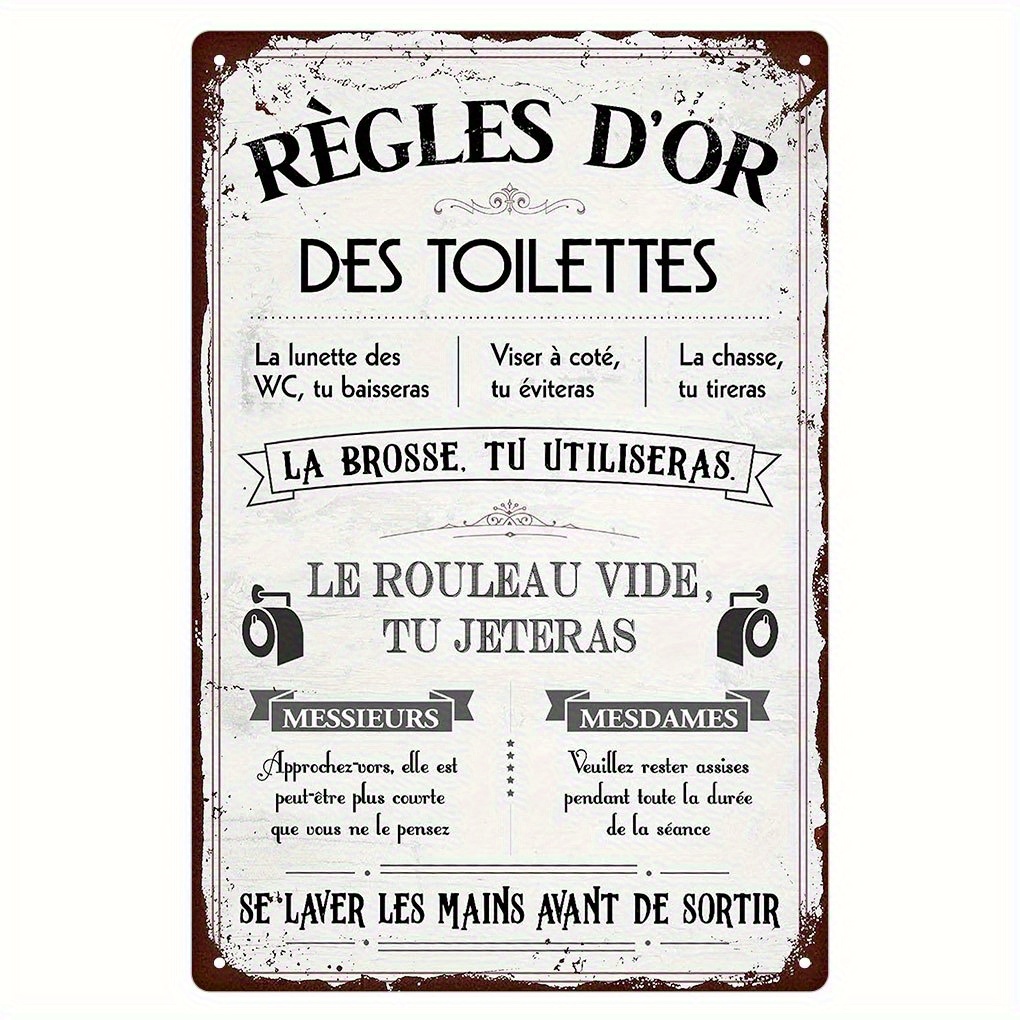 TEMU [2D Plat] Ancien panneau métallique français « Règles de toilette » - Décoration murale humoristique pour salle de bain, 8x12 pouces, plaque en