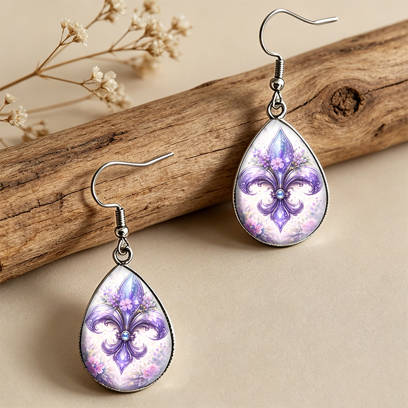 Unisex Purple Iris Flower Tear Drop Glass Cabochon Earrings