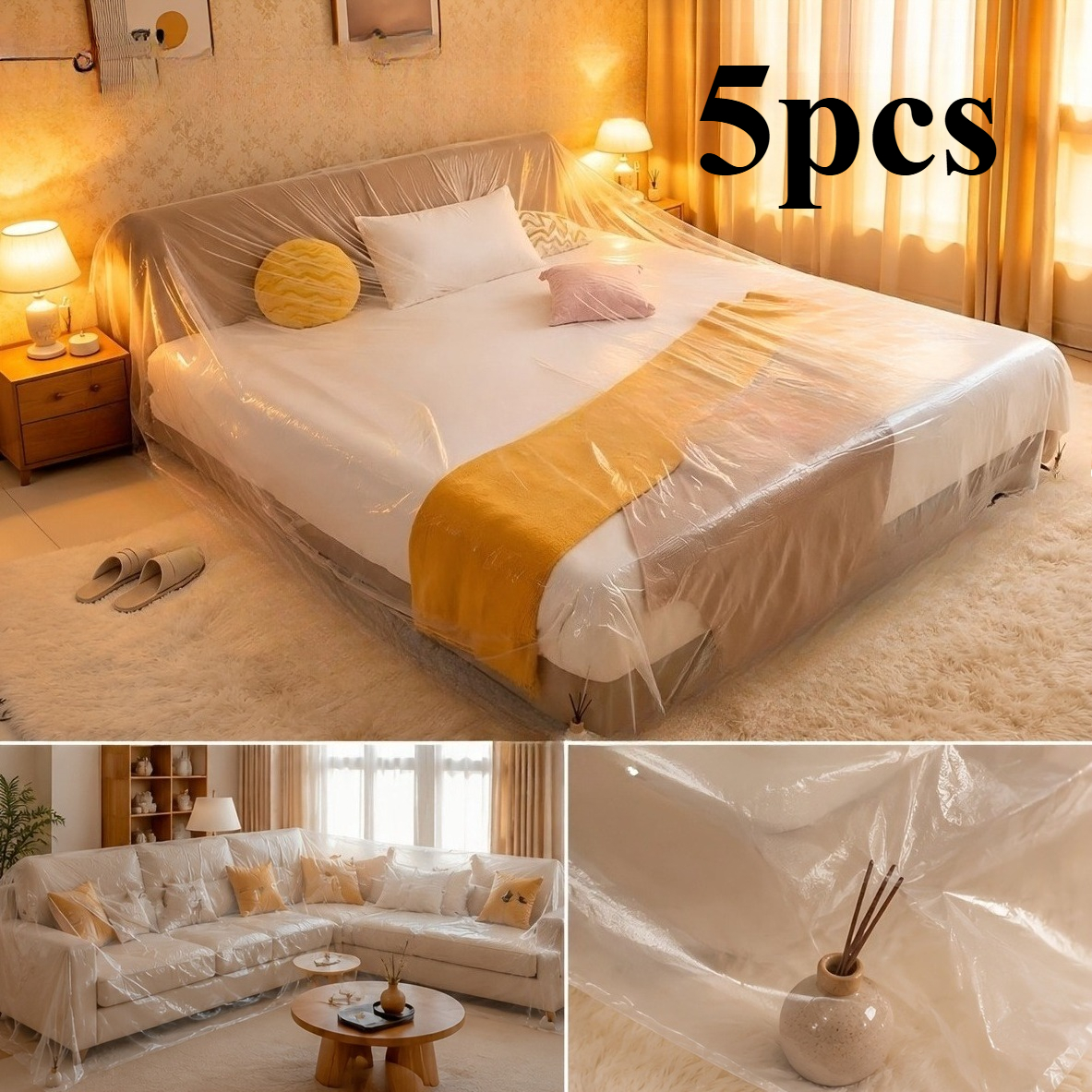 TEMU Set copriletto 5 pezzi per letto king size, copertura per mobili e , copertura in plastica antipolvere per rinnovamento king size 94,49 x 94,49