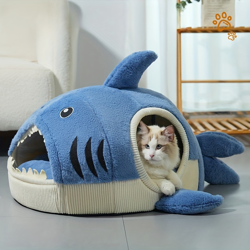 cozy shark shaped pet bed modern thick plush winter den for cats small dogs non assembled durable polyester with paw print   cushioned interior for indoor pets cat bed     cushioned material Product details 0