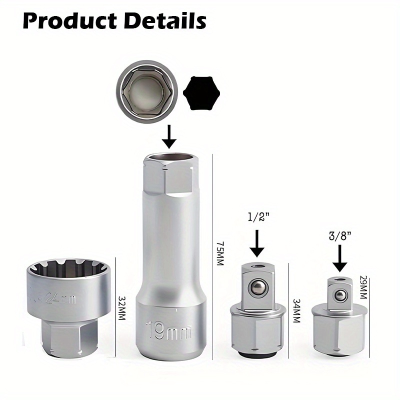 a set of 17 heavy duty chrome vanadium steel through sockets including   release ratchet wrench adapters and an abs toolbox 1 2   8 drive 12 point sockets suitable for tight spaces and compact areas Product details 2