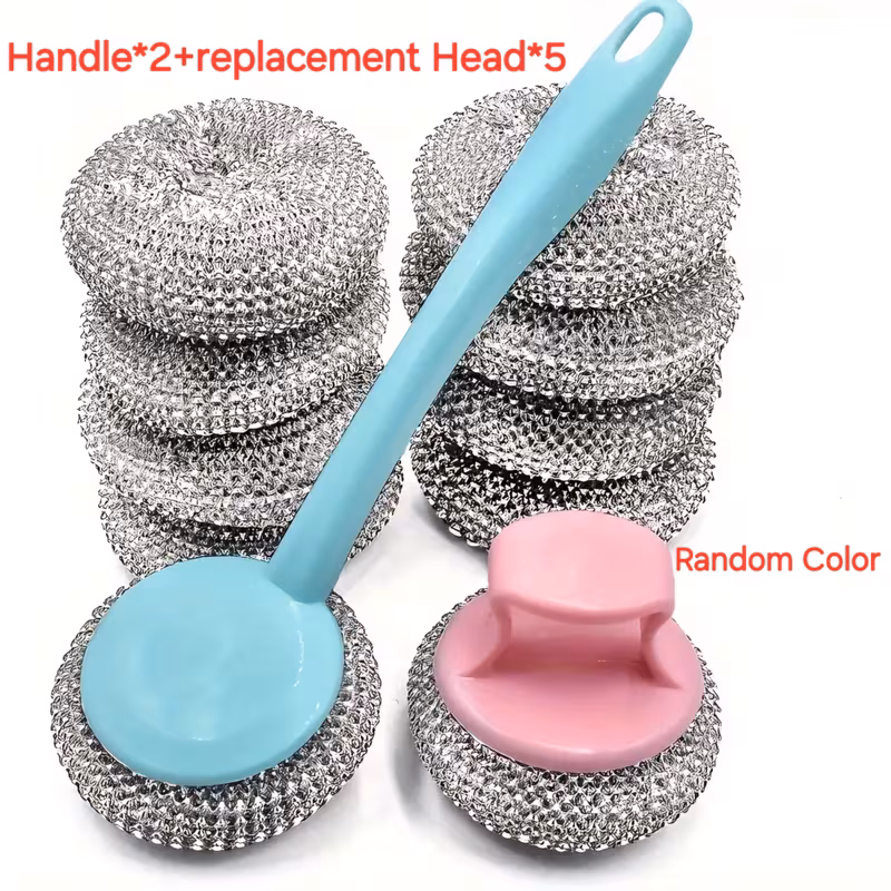 7pcs stainless steel brush set with 5 replaceable sponges heavy duty wire scrubbing pads long and short handles suitable for kitchen bathroom and toilet cleaning manual utensil cleaner durable and easy to clean kitchen cleaning tools Product details 0