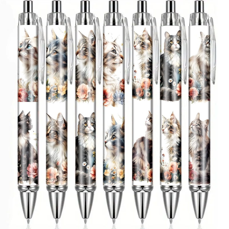 Image of 7 Exquisite Floral Cat-themed Ballpoint Pens With Perfect Replaceable Refills, Ideal For Everyday Use And Occasions, For Cat Lovers, A Must-have For Writing