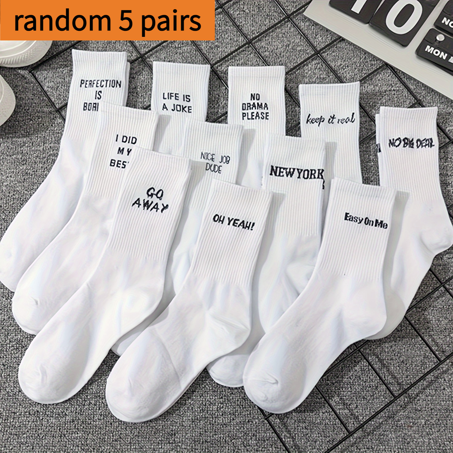 Image of 5/10 Pairs Of Random Letter Graphic Sports Socks, Basketball Socks, Unisex Hip-hop Street Style Mid-tube Socks, Autumn Women's Stockings And Socks
