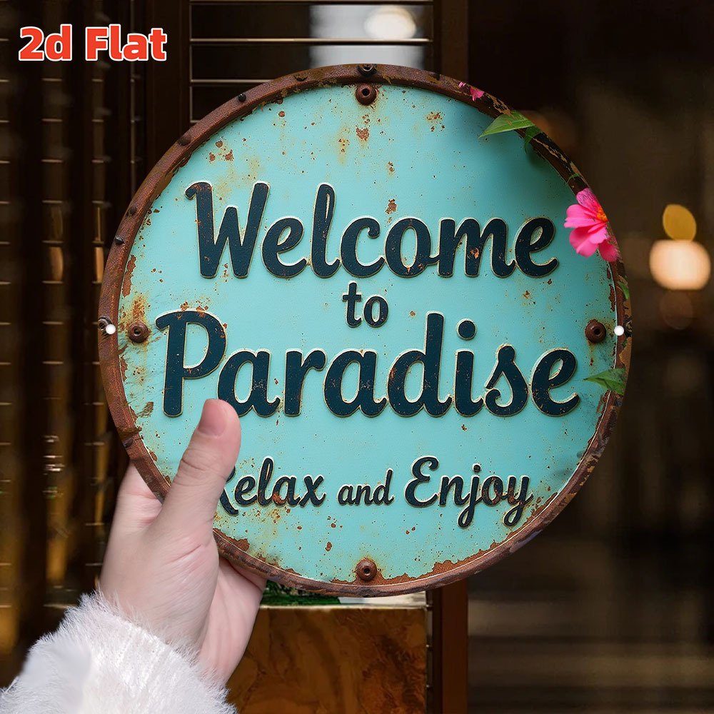 E-shop 2D Flach, 2D Flach "Willkommen im Paradies" Metall Wandkunst - Vintage Türkis Aluminium Dekoration, 7,8x7,8 Zoll Rundes Innen-/Außenhängeschild,
