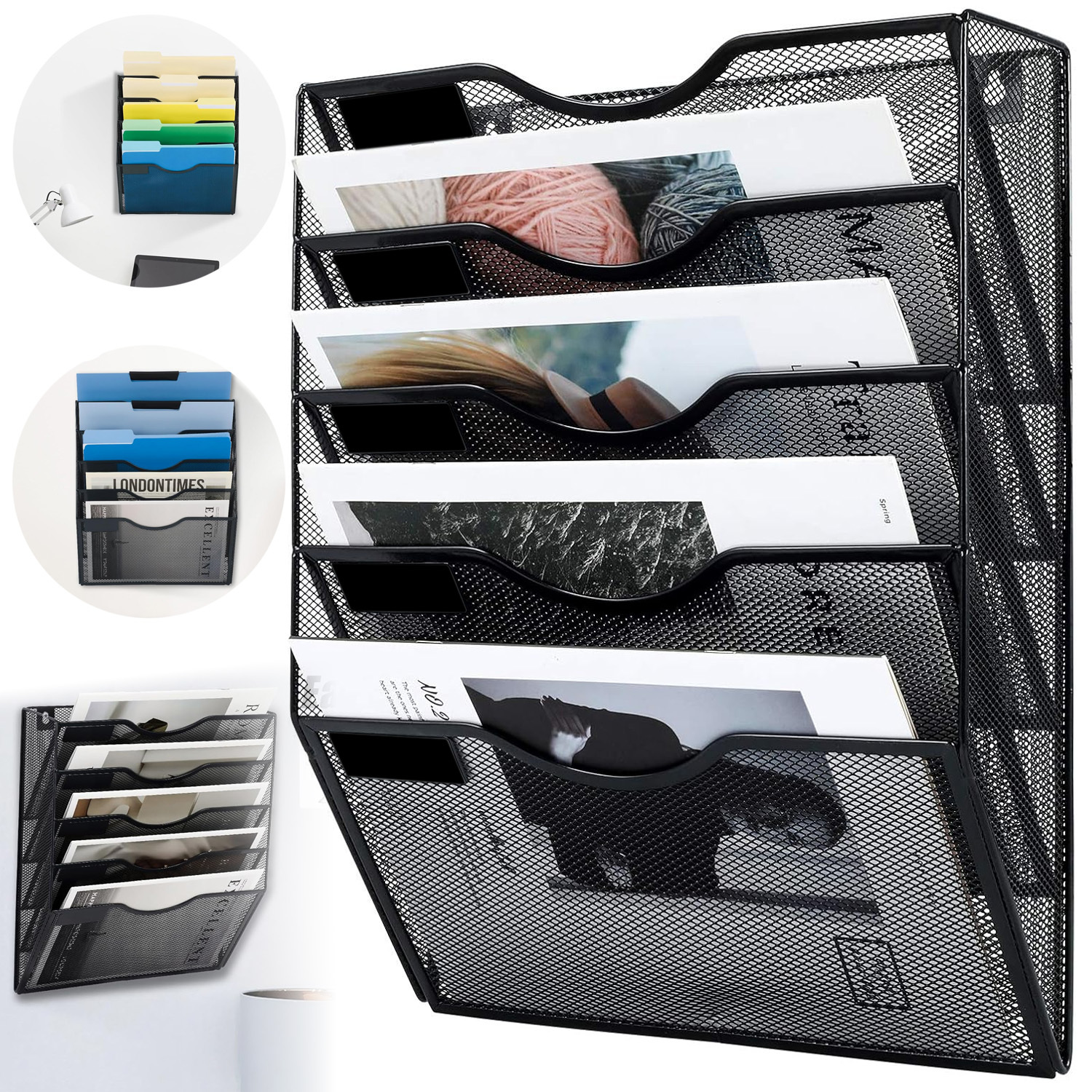 Image of 5 Compartments A4 Hanging Mesh Storage Rack | Metal Contemporary Organizer For Files, Magazines, , Letters, Newspapers By Anikers