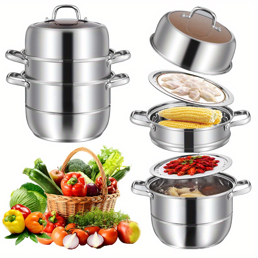 versatile 11 stainless steel steamer pot with tempered glass lid 3 tier thick bottom for healthy cooking of vegetables dumplings more details 0