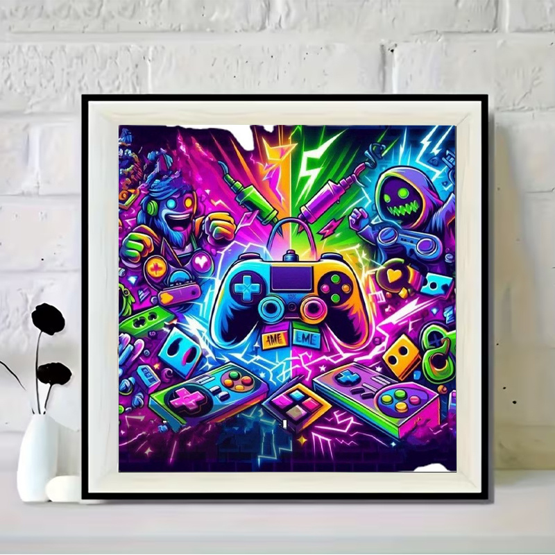 TEMU 1pc 5d Diamond Painting Kit | Game Theme Controller With Cartoon Characters, Round Diamonds, Unframed, Multiple Sizes, Suitable For Living Room