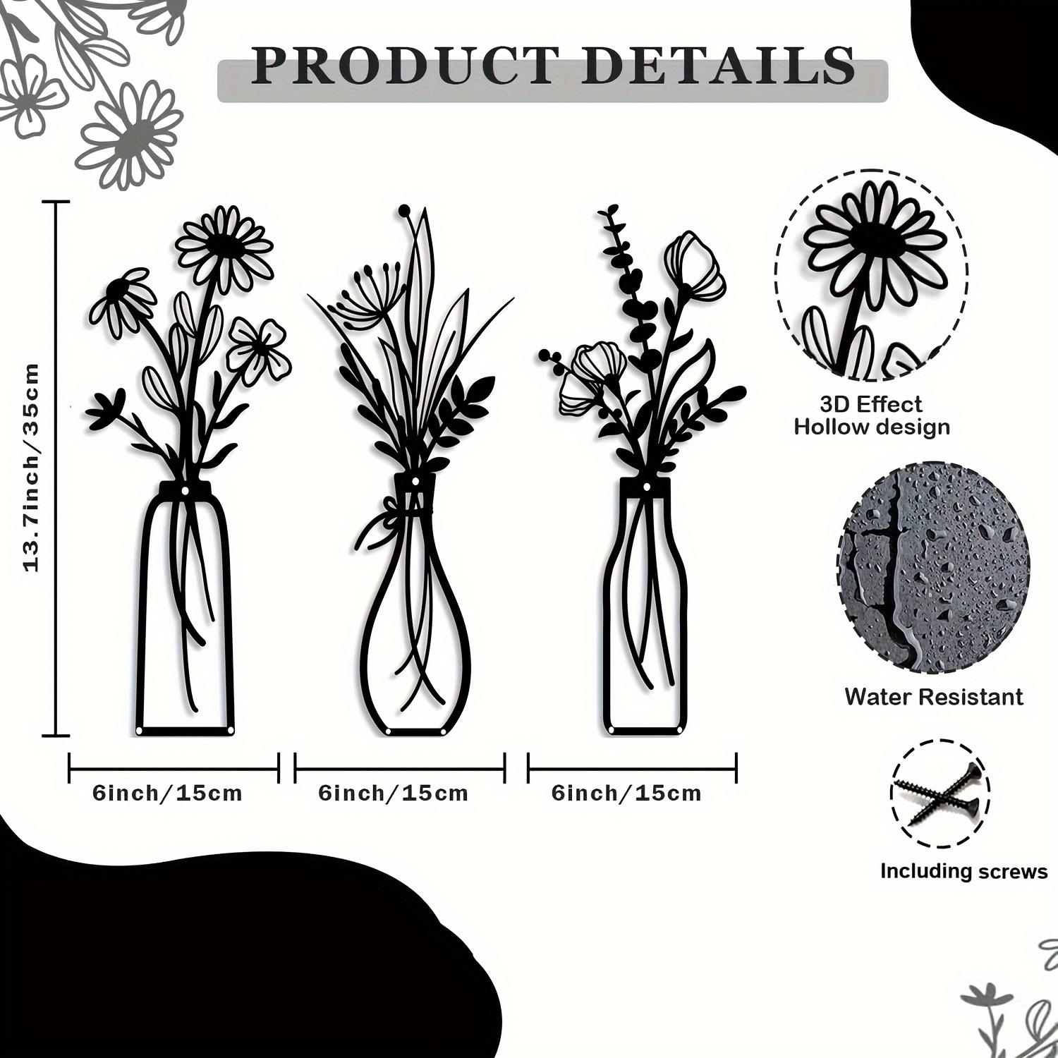 Set Of 3 Black Metal Floral Wall Art Sculptures - Minimalist Decor For Living Room, Bedroom, Bathroom, And Dining Room - Reusable, Multi-surface Installation - Perfect Housewarming Gift