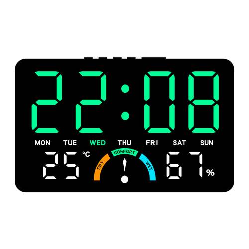 this multifunctional led clock with a large display hung or on a table it shows time temperature humidity and has two alarm settings electricity and batteries