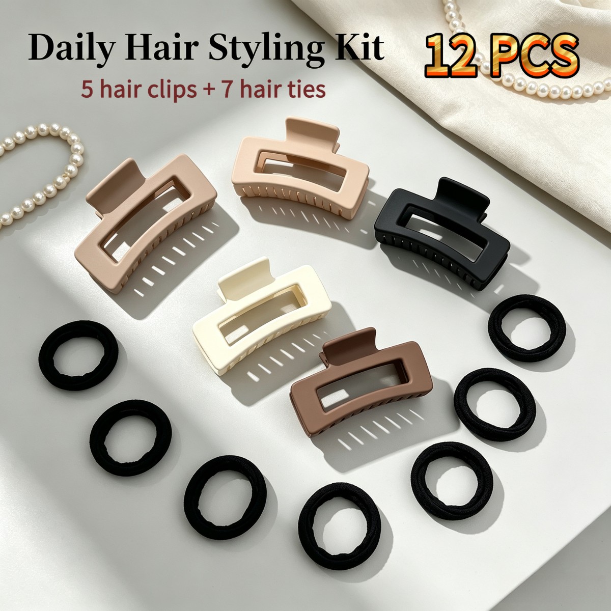 TEMU 12pcs Set (5pcs Hair Clips And 7pcs Hair Ties) Easy Frosted Non-slip Hair Clips, Retro Hair Claws, New Back Hair Clips, Suitable For Women With