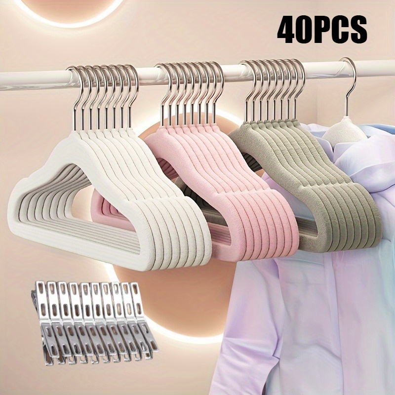 40pcs Youth Velvet Hanger + Clips - Anti-slip hanger for teenagers and children, space-saving light grey velvet hanger, infant and toddler storage hanger