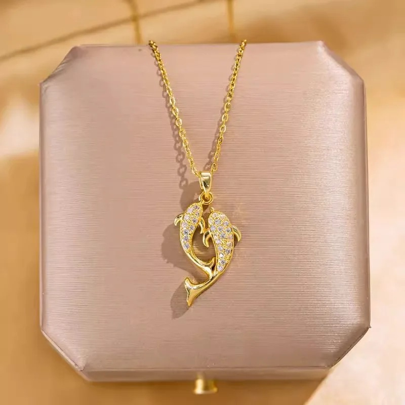 E-shop Funkelnde Delfin-Halskette für Damen Herren, Edelstahl, minimalistische Schichtkette, Geburtstagsgeschenk-Schmuck