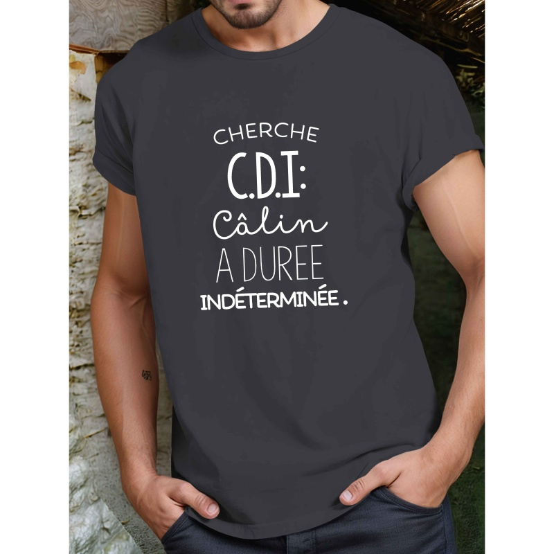 

Cherche (CD)" T-Shirt à Manches Courtes pour Homme - Décontracté d'Été, 100% Polyester, Lavable en Machine, Col Rond avec de Française Unique