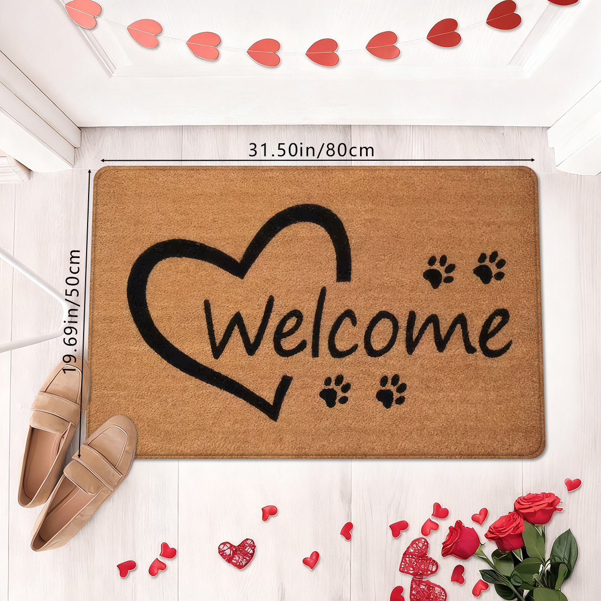 TEMU 1pc Heart Welcome Mat With Paw Print & Pet Footprints - Soft Adhesive Rug Suitable For Indoor/outdoor Use, Machine Washable Pvc Backing -