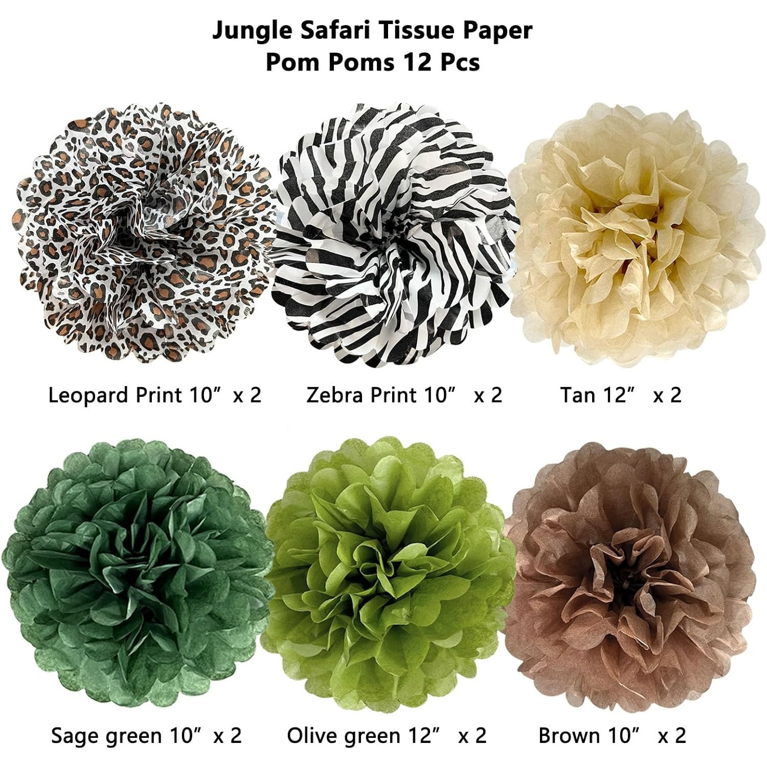 TEMU 12pcs Tissue Paper Pom Poms, Wild Animal Leopard, Zebra Print, Party Decorations, Sage Green And Brown Flowers, Wall Hanging Décor, Table