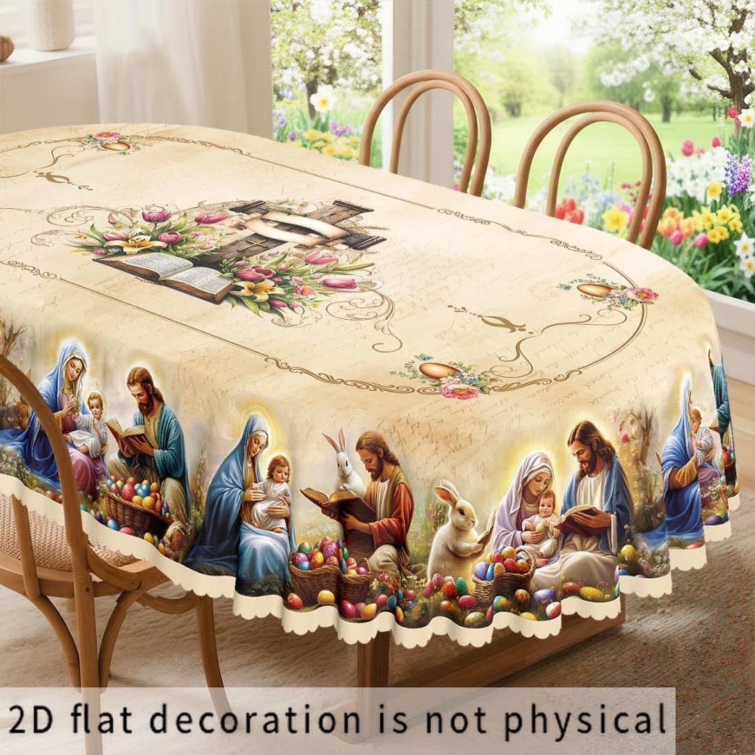 item picture 2d flat tablecloth pack of 1 easter themed party table cover vintage rabbit scene of birth with egg and floral print design made of polyester featuring embossed edges suitable for indoor and outdoor dining picnics dinners