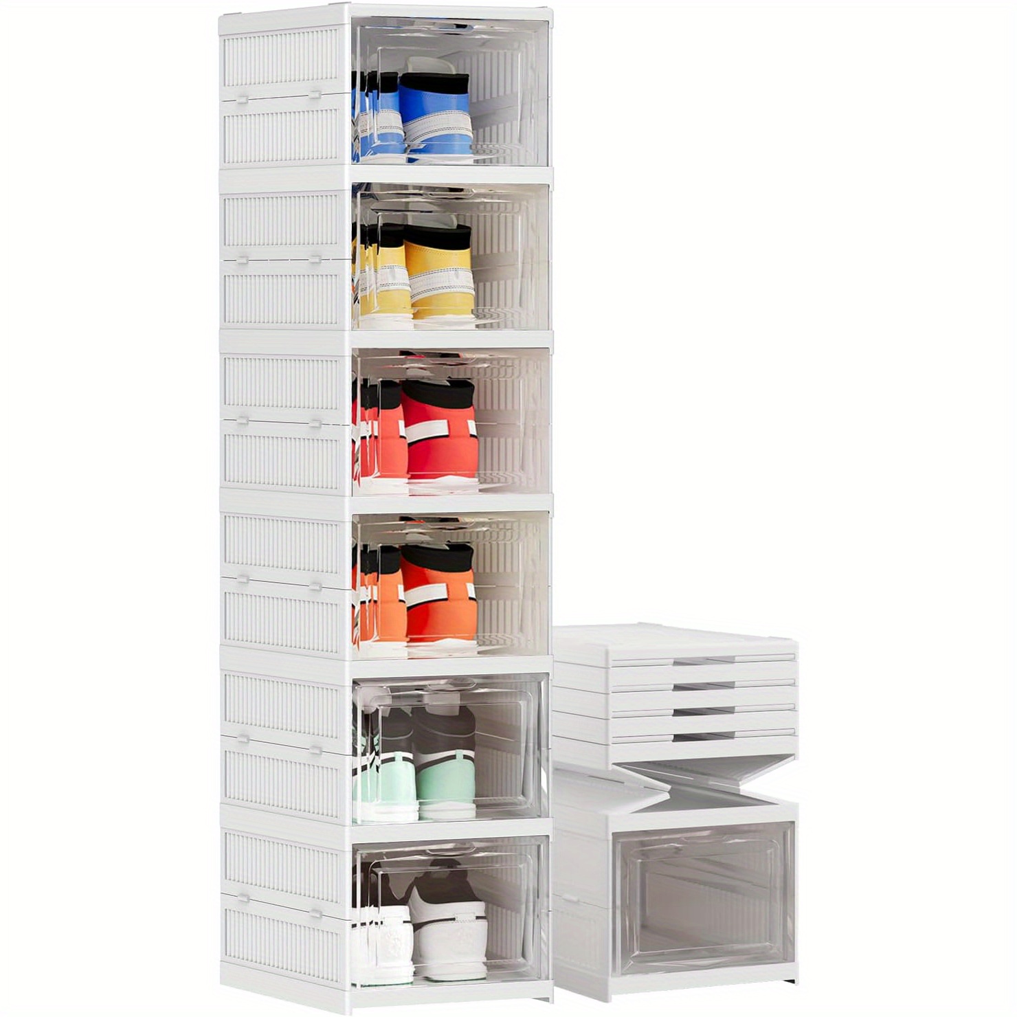 6-tier Foldable Shoe Organizer Box, Clear Plastic, Stackable Design, Fits Size 12 Shoes - No , Perfect For Closet, Entryway, Living Room
