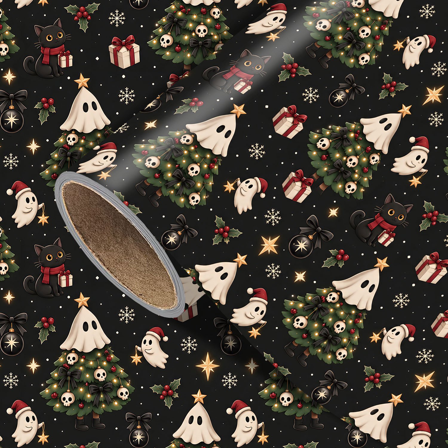 TEMU Funny Christmas Wrapping Paper Roll - Measures 17.7 Inches × 118 Inches, Spooky Cute With Santa Hat Black Cat Christmas Tree Print, Perfect For