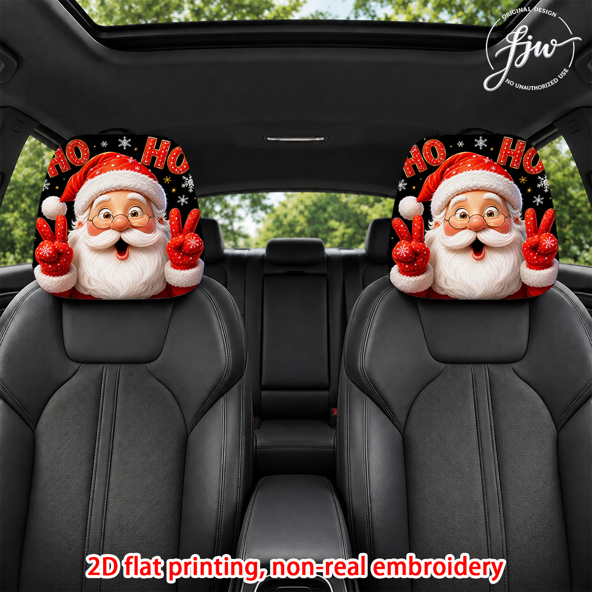 TEMU 2d Flat 2pcs Cute Santa Claus Ho Christmas Car Headrest Covers Fun Christmas Design, Flexible Installation, Suitable For Car Interior Additions,