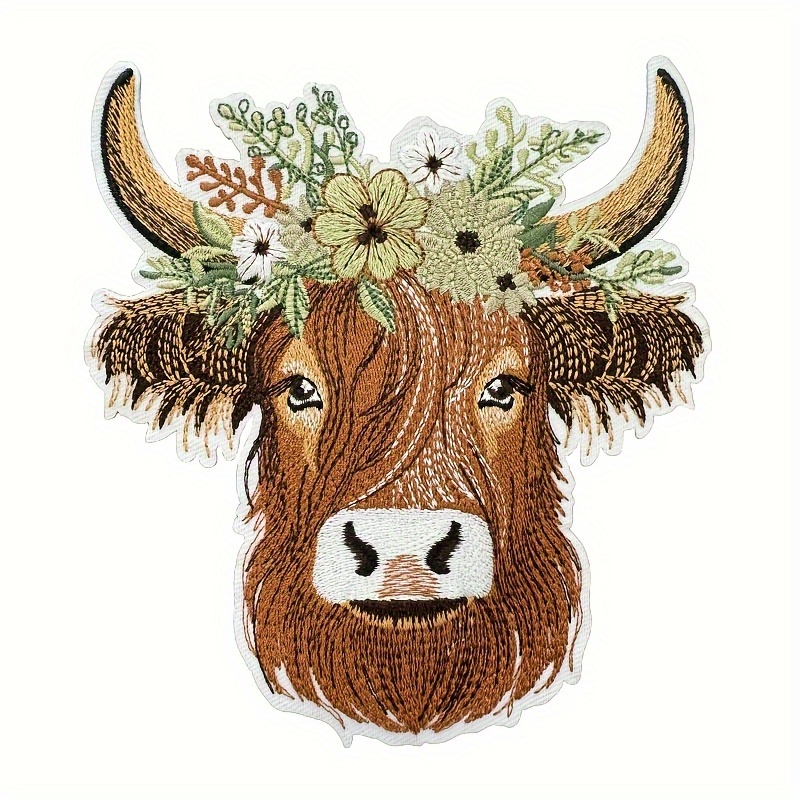 Highland Cow Embroidery Patches, Farm Animal Iron-on Applique Set With Floral , Mixed Colors - Ideal For Clothing And Craft Decoration, Cow Deco