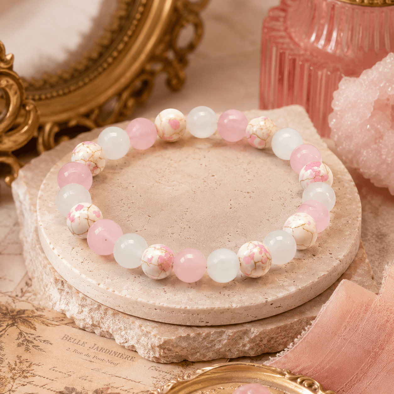 Handmade Lucky Beaded Bracelet with Pink-White Gradient Beads