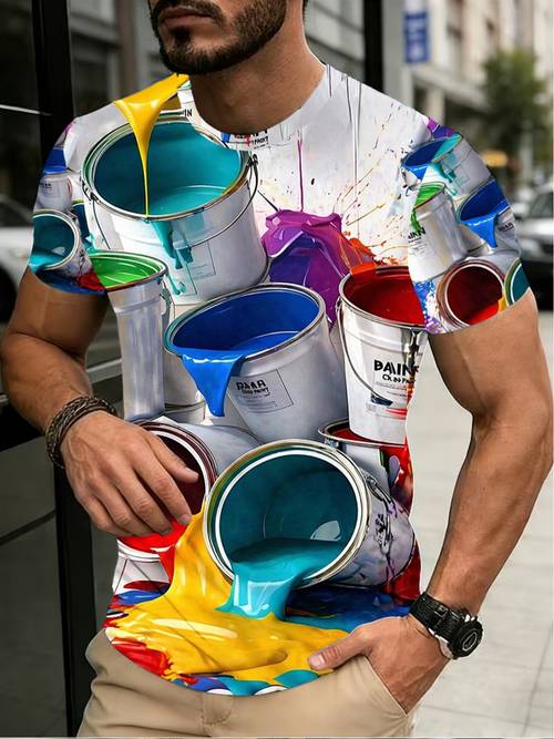 2026 summer new arrival mens street neck short sleeve t shirt colorful paint splatter print polyester knit loose fit slightly stretchy suitable for machine washable urban fashion top casual streetwear 1