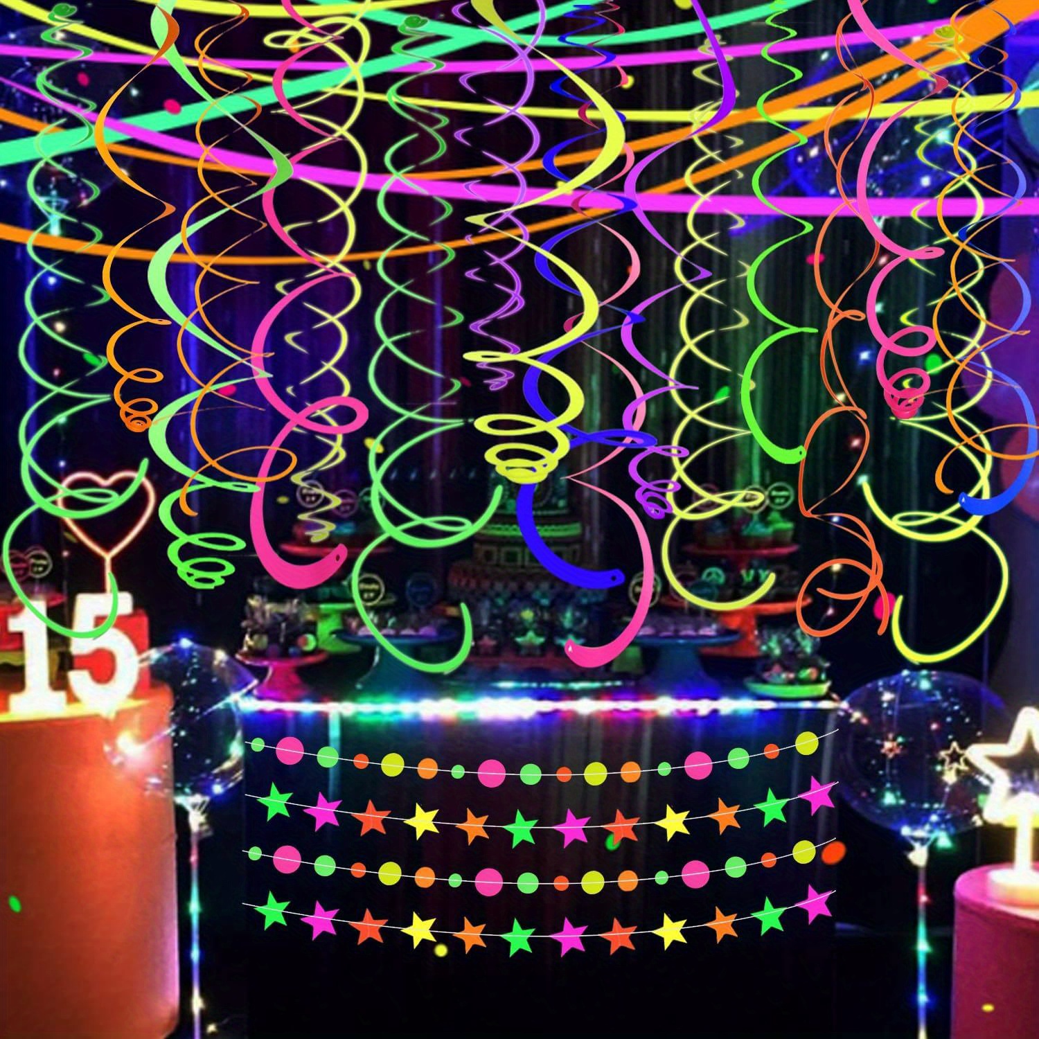 Image of 15pcs Carnival Colorful Ceiling Swirl Decor Hanging Paper Neon Streamers For Ceiling Neon Garland For Party, Christmas, Birthday, Valentine's Day