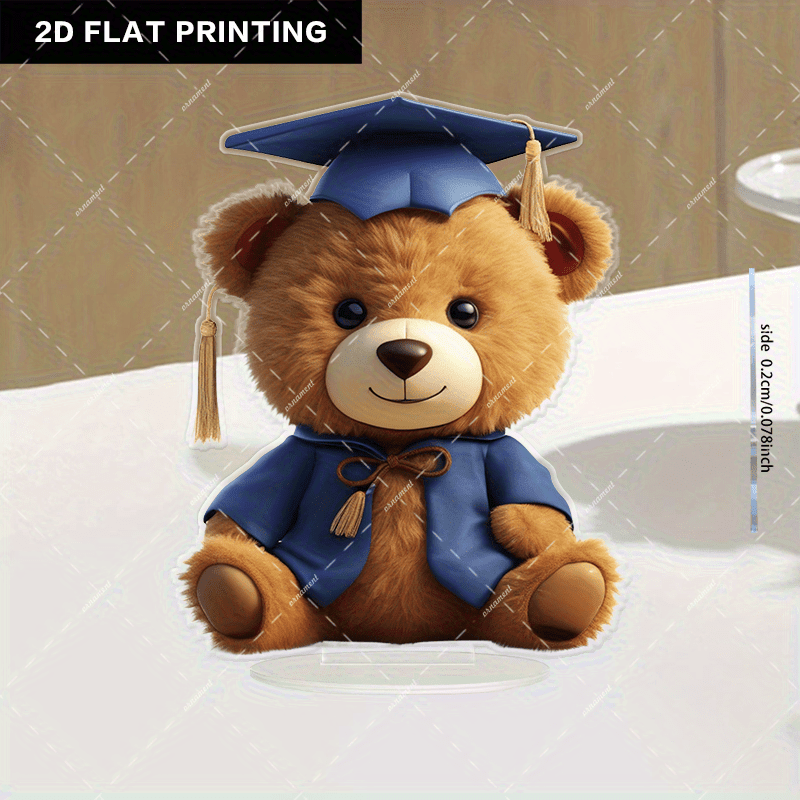 TEMU Adorno de oso de peluche de graduación 2D , 1 estilo bohemio de acrílico 2D con y toga - Decoración azul y dorada, recuerdo de escritorio