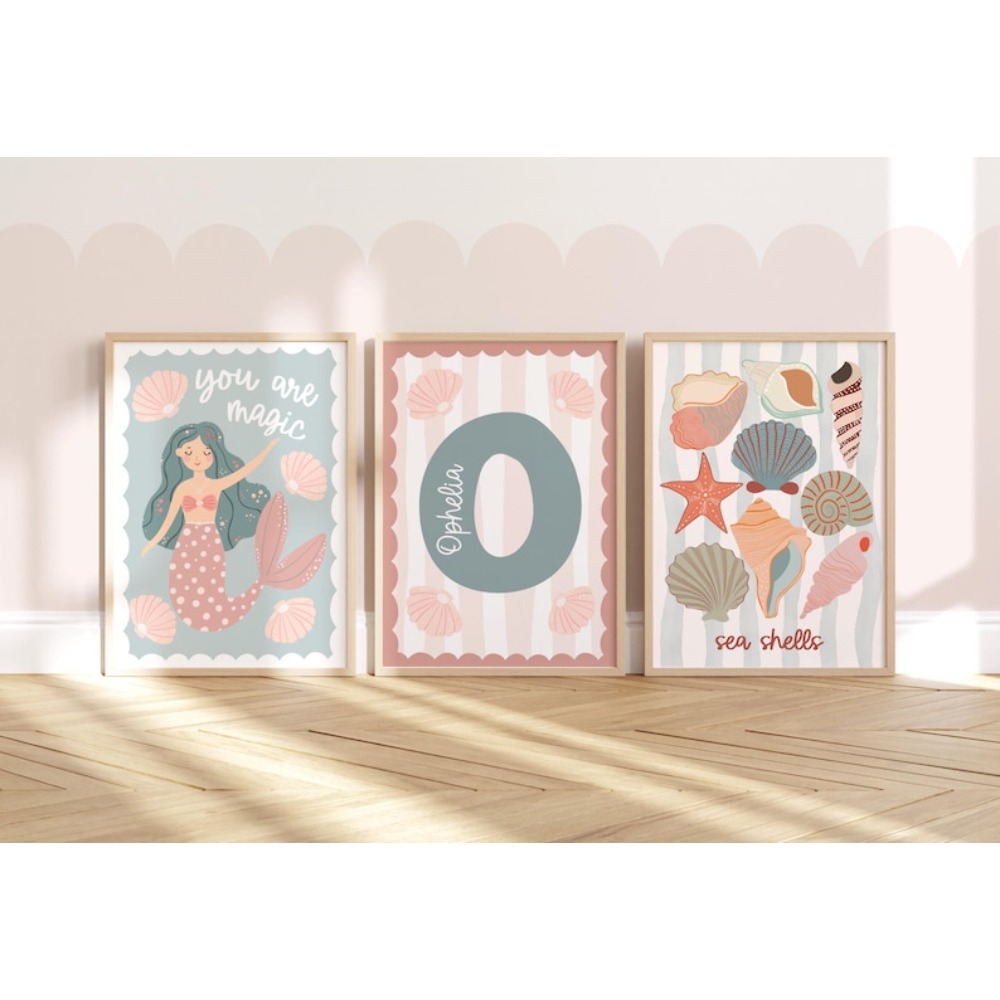 TEMU 2d Flat, Personalized 2d Flat 3pcs Set Unframed - Custom Name & Initials With Mermaid Design, Paintings, Wall Art, Poster And Print, Valentine's