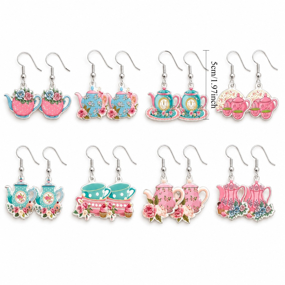 TEMU 8-pair Set, Elegant Women's Cartoon Earrings, Floral Vintage Teapot Pendant / Tea Party Theme / Classic And Unique, Suitable For Parties,