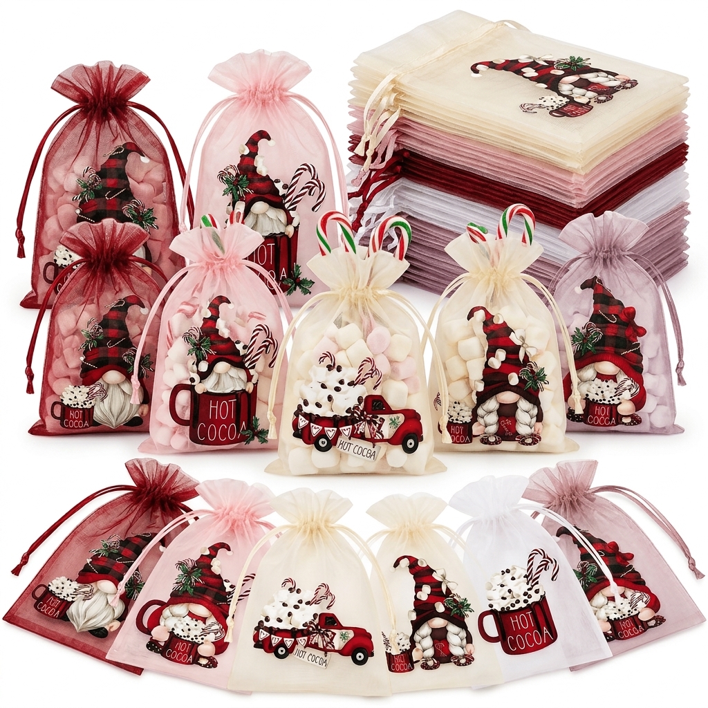 TEMU 30 bolsas de organza para regalo, bolsas de dulces con cordón, bolsas de favor navideñas, bolsas de malla transparente para recuerdos con gnomos