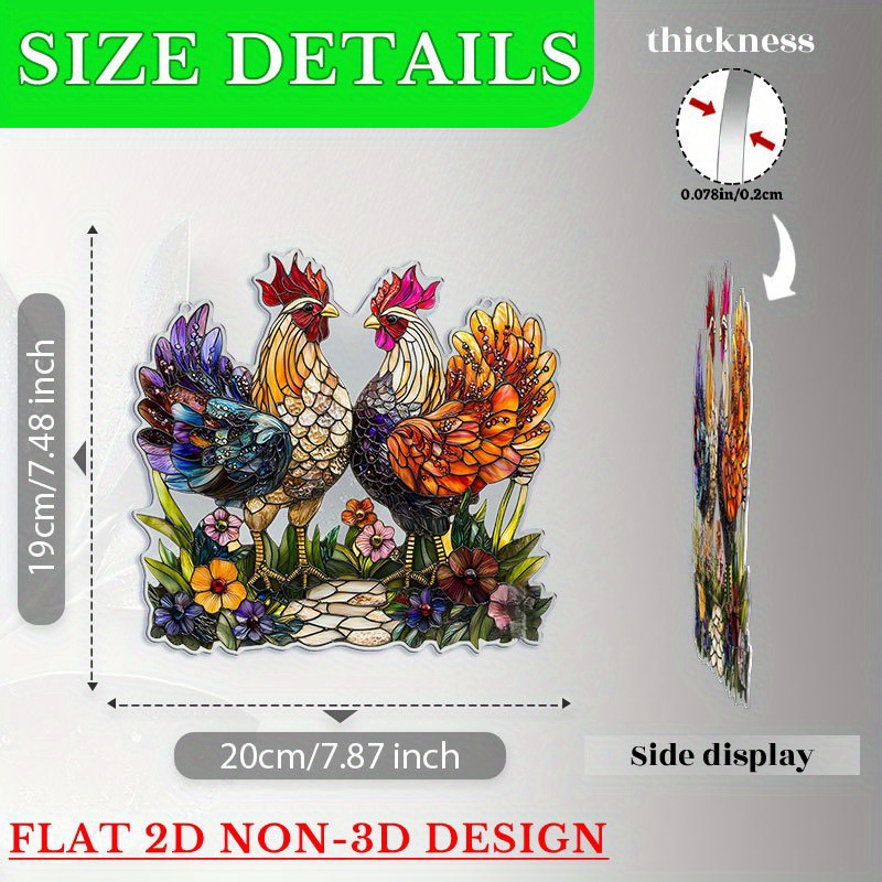 TEMU 2d Flat, 1pc Of Acrylic Suncatcher With Colorful Rooster And Floral Patterns- Vivid Farmhouse Decoration, Suitable For Kitchen, Sunroom Or